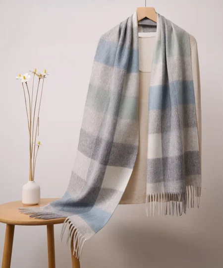 Mitchell-Y Pure Merino Wool Scarf - Blue-Grey & Cream Plaid