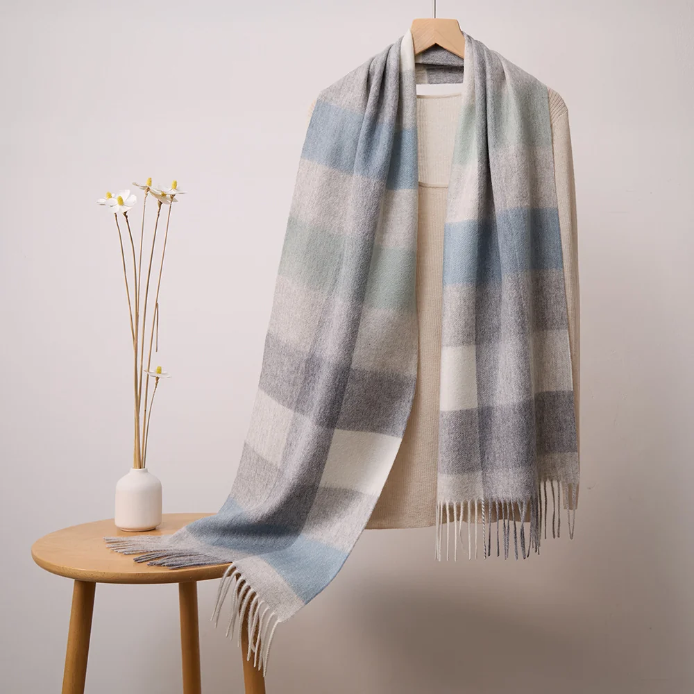 Mitchell-Y Pure Merino Wool Scarf - Blue-Grey & Cream Plaid